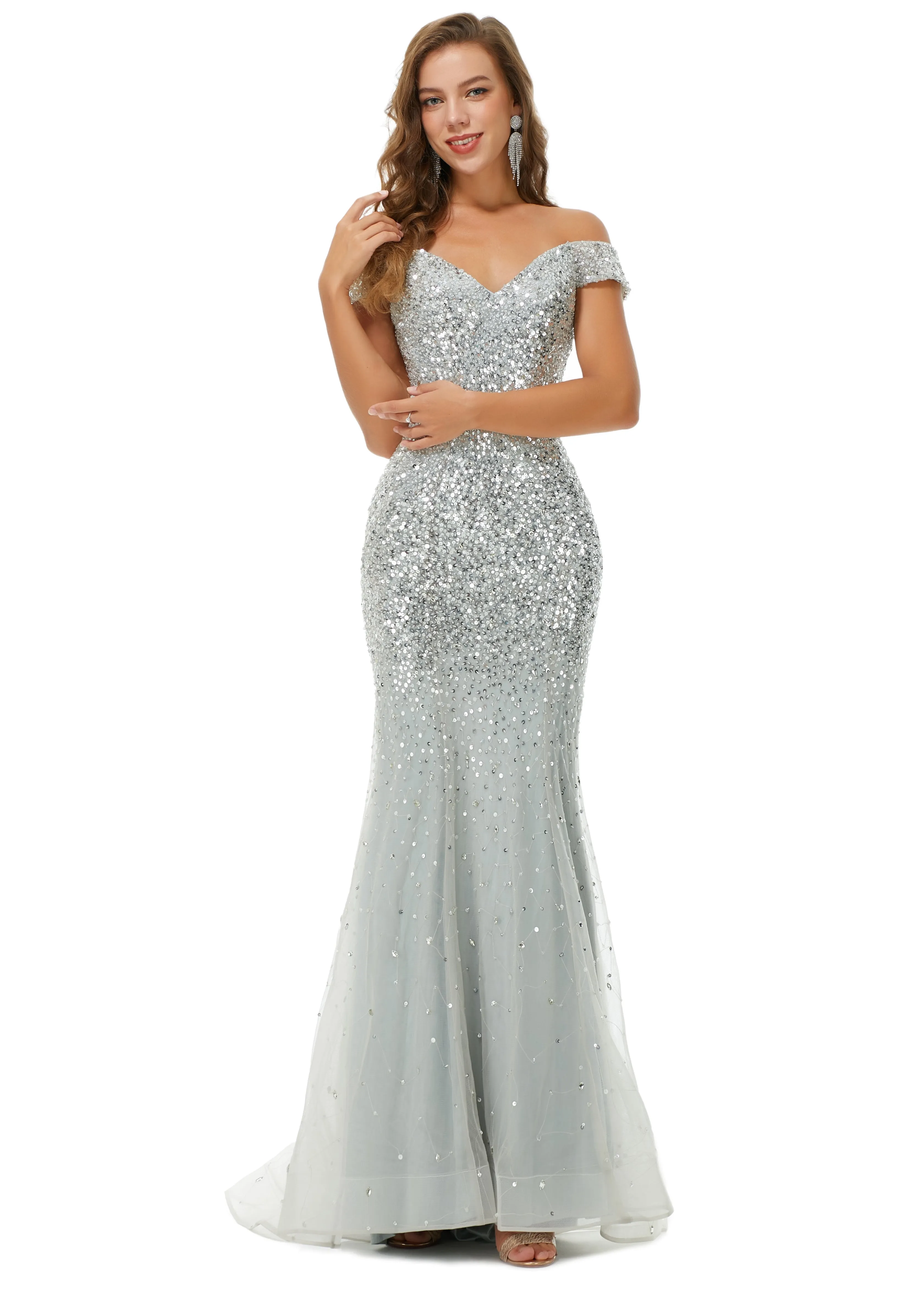 Off Shoulder Mermaid Evening Dresses, Luxurious Silver Bead Trumpet Formal Prom Dress