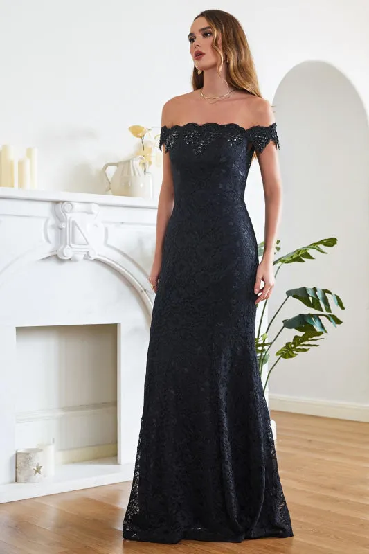 Off-the-Shoulder Trumpet Bridesmaid Dress Floral Lace Beadings Long Evening Dress