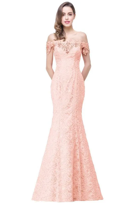 Off-the-Shoulder Trumpet Bridesmaid Dress Floral Lace Beadings Long Evening Dress