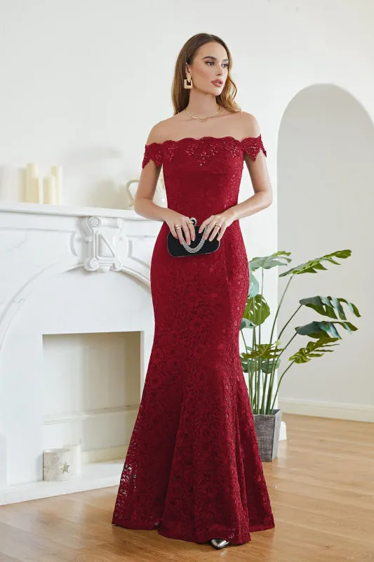 Off-the-Shoulder Trumpet Bridesmaid Dress Floral Lace Beadings Long Evening Dress