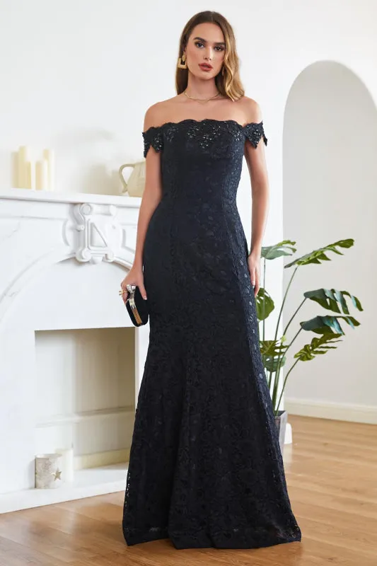 Off-the-Shoulder Trumpet Bridesmaid Dress Floral Lace Beadings Long Evening Dress