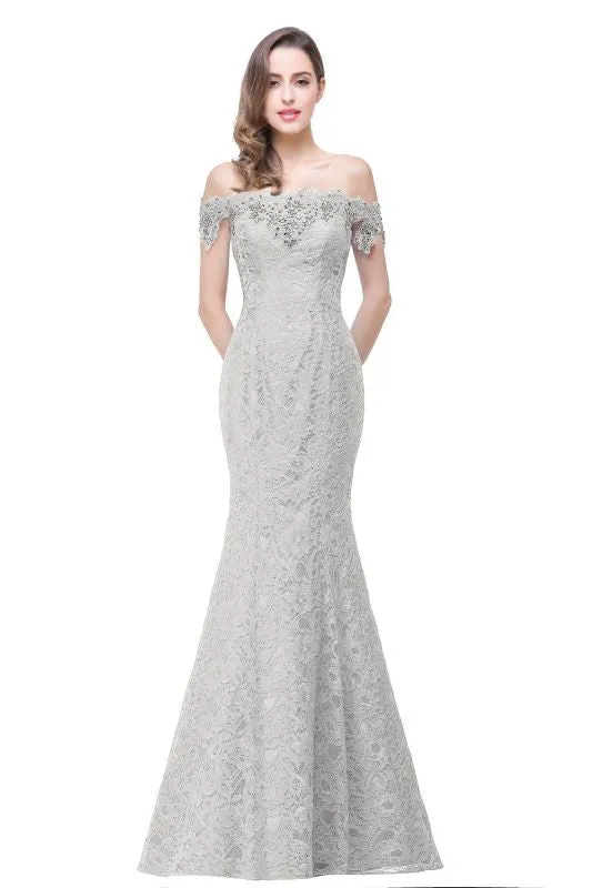 Off-the-Shoulder Trumpet Bridesmaid Dress Floral Lace Beadings Long Evening Dress