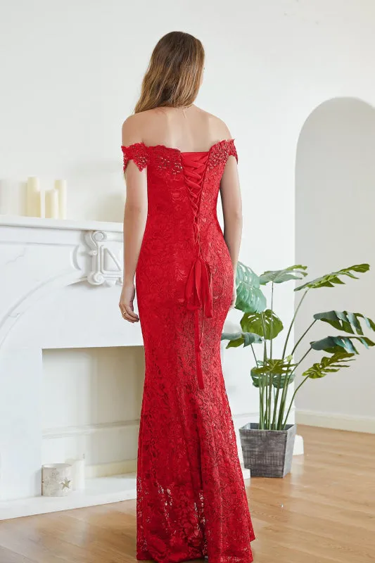 Off-the-Shoulder Trumpet Bridesmaid Dress Floral Lace Beadings Long Evening Dress