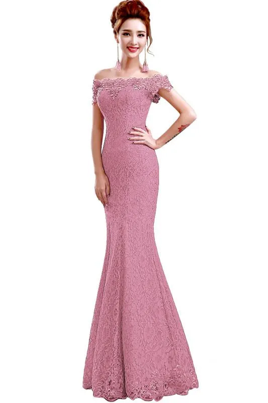 Off-the-Shoulder Trumpet Bridesmaid Dress Floral Lace Beadings Long Evening Dress