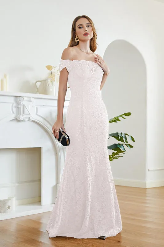 Off-the-Shoulder Trumpet Bridesmaid Dress Floral Lace Beadings Long Evening Dress