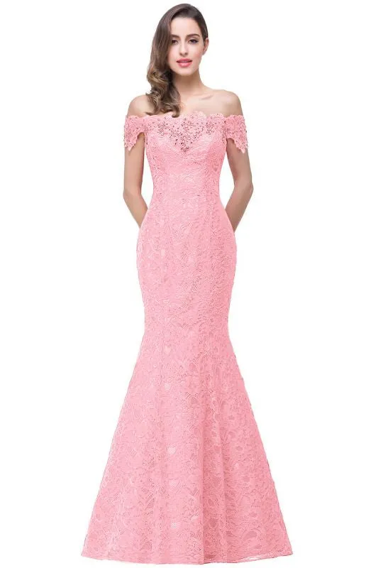 Off-the-Shoulder Trumpet Bridesmaid Dress Floral Lace Beadings Long Evening Dress