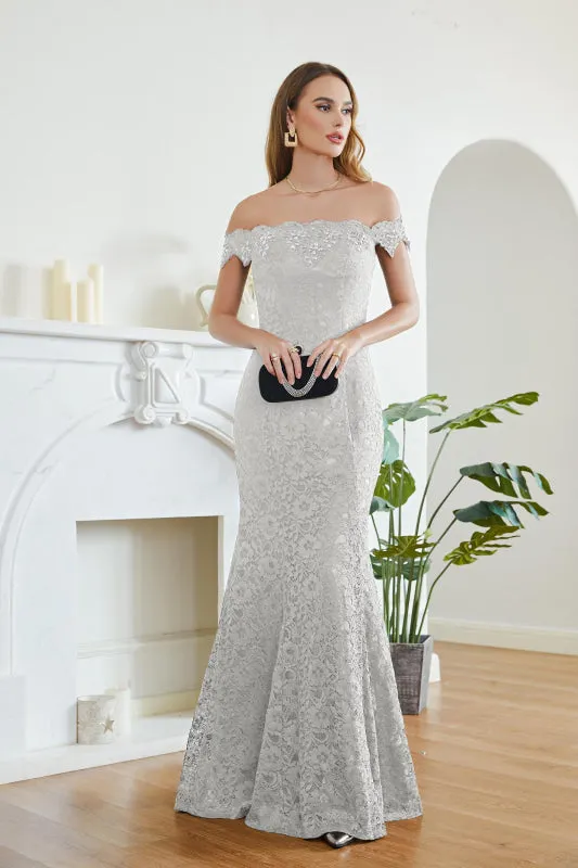 Off-the-Shoulder Trumpet Bridesmaid Dress Floral Lace Beadings Long Evening Dress