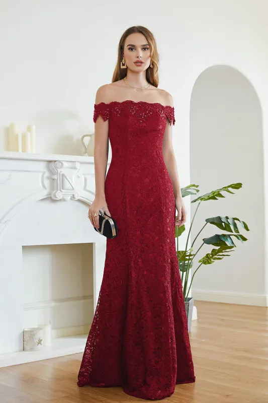 Off-the-Shoulder Trumpet Bridesmaid Dress Floral Lace Beadings Long Evening Dress