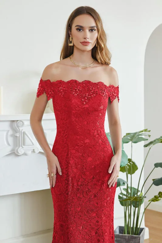 Off-the-Shoulder Trumpet Bridesmaid Dress Floral Lace Beadings Long Evening Dress