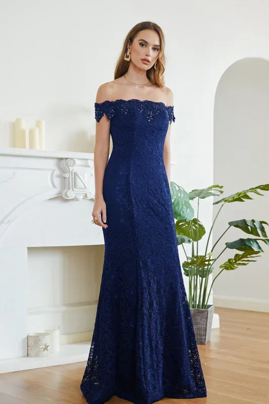 Off-the-Shoulder Trumpet Bridesmaid Dress Floral Lace Beadings Long Evening Dress