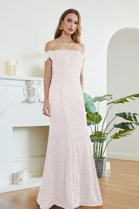 Off-the-Shoulder Trumpet Bridesmaid Dress Floral Lace Beadings Long Evening Dress