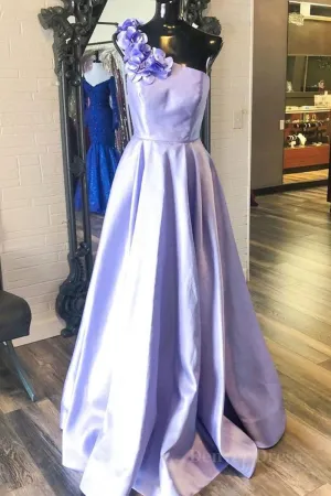 One Shoulder Purple Satin Long Prom Dresses with Flowers Purple Formal Evening Dresses