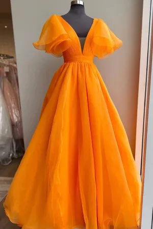 Orange Organza Long A-Line Prom Dress Beautiful V-Neck Evening Dress