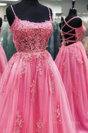 Pink Tulle Backless Lace Floral Long Prom Dress Pink Lace Formal Dress Pink Evening Dress