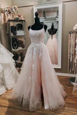 Pink Tulle Lace Long Formal Dresses A-Line Evening Party Dresses