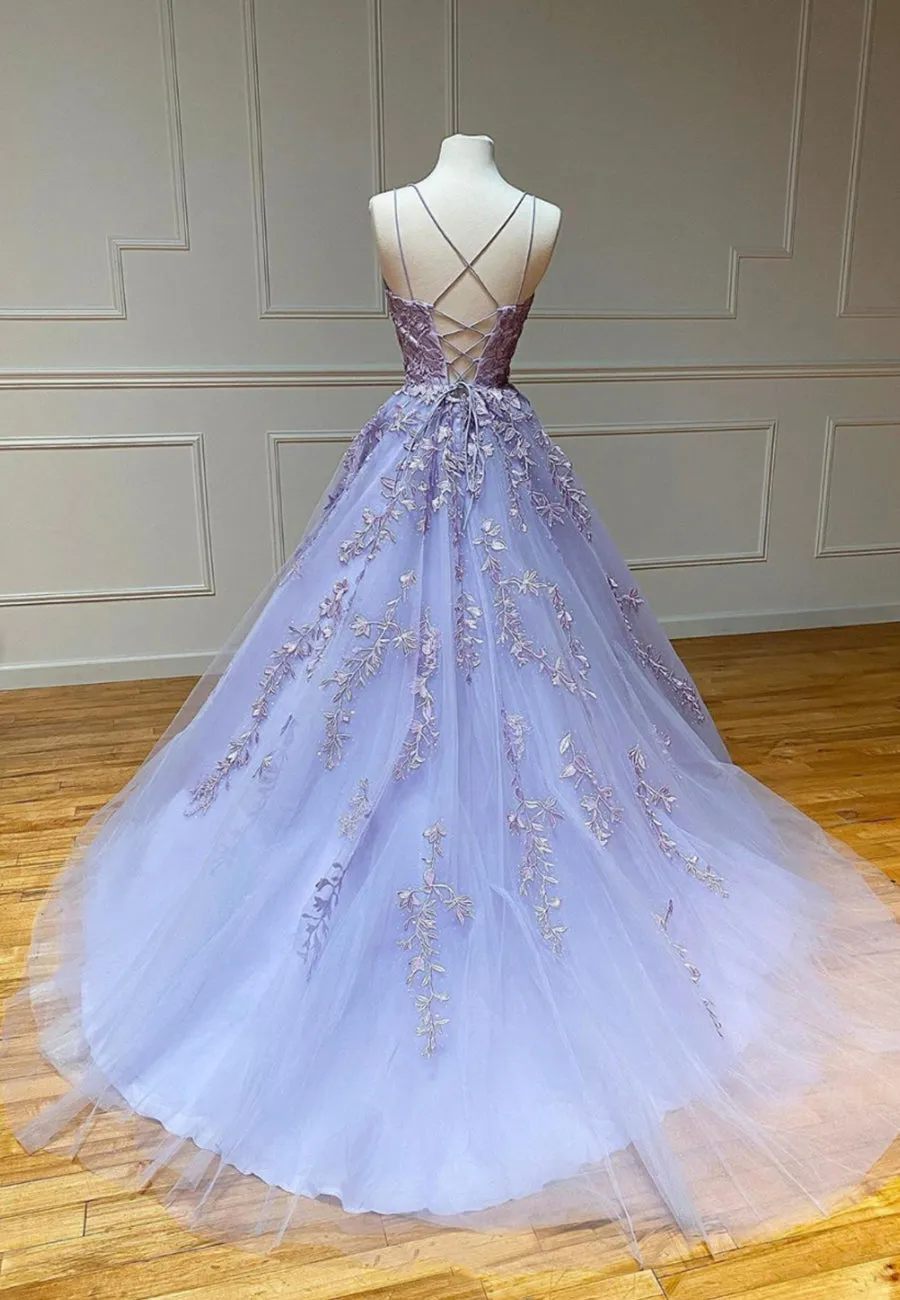 Purple Lace Long Prom Dresses A-Line Backless Evening Dresses