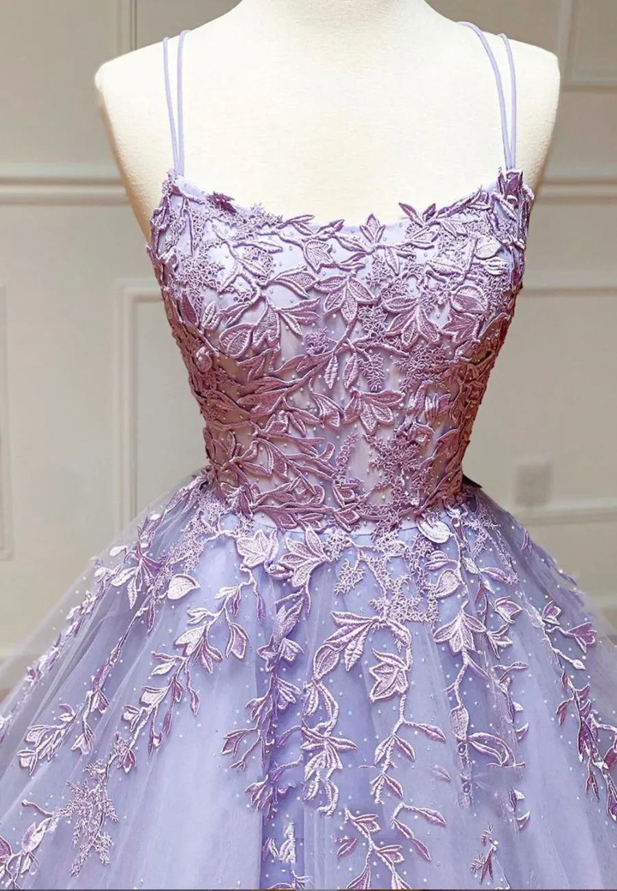 Purple Lace Long Prom Dresses A-Line Backless Evening Dresses