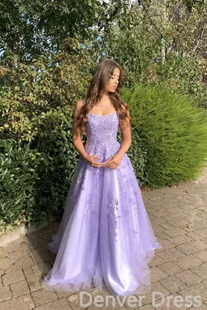 Purple Lace Spaghetti Straps A-Line Appliques Evening Dresses Long Prom Dresses