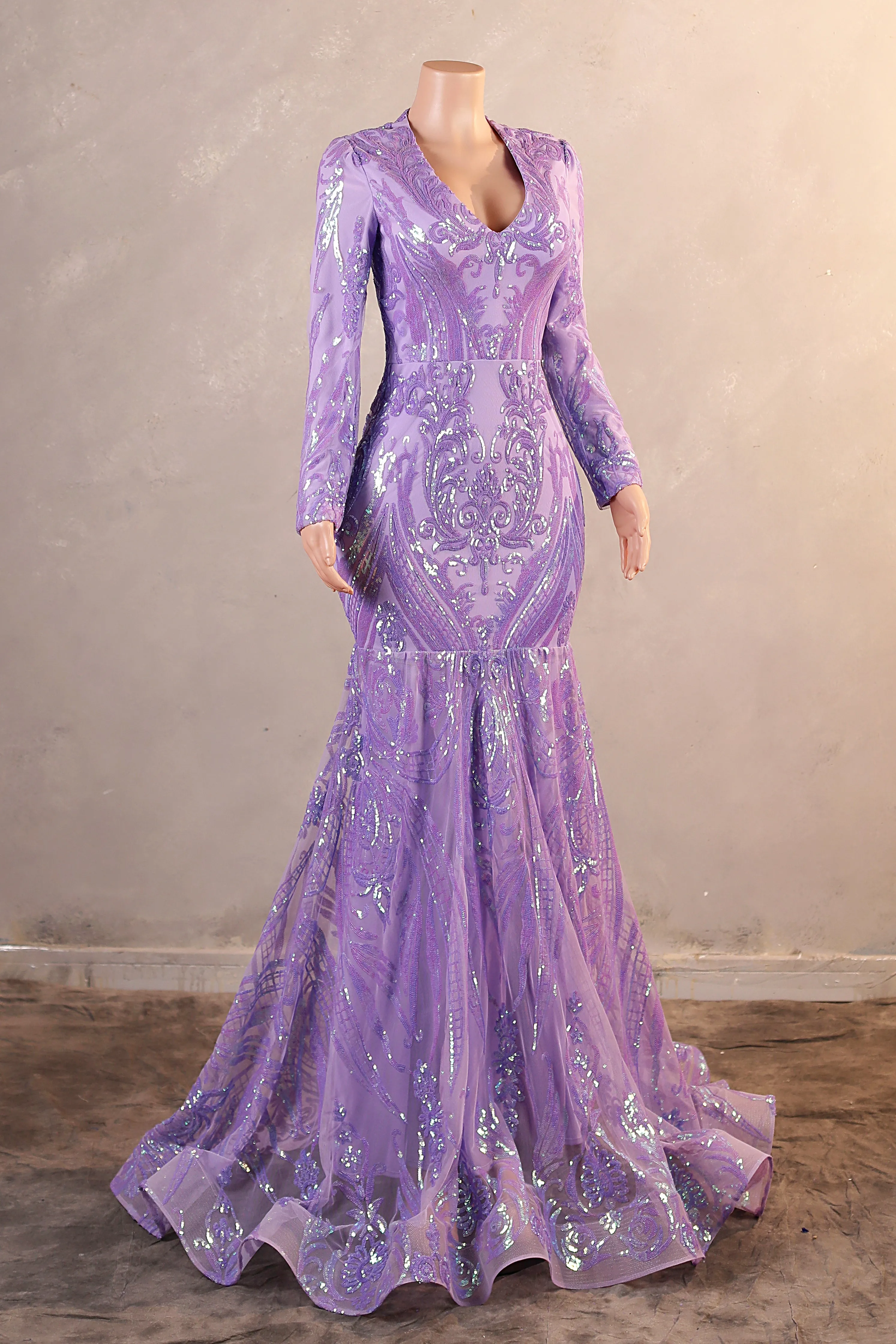 Purple Mermaid Prom Dresses Long Sleeves Sequin Long Evening Dresses