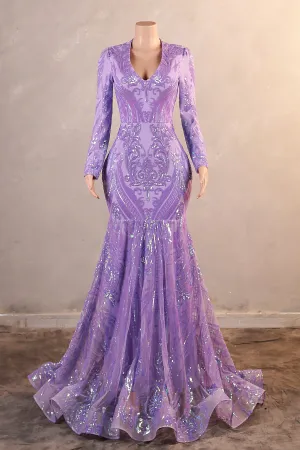 Purple Mermaid Prom Dresses Long Sleeves Sequin Long Evening Dresses