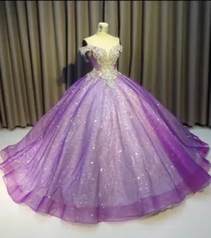 Purple Prom Dress Off The Shoulder Ball Gown Bling Evening Dresses