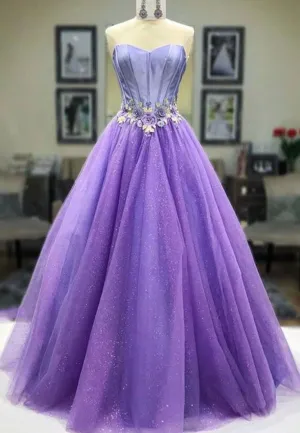 Purple Strapless Tulle Long Prom Dresses A-Line Evening Dresses