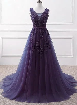 Purple Tulle Beaded Long Formal Party Dress Dark Purple Evening Dress