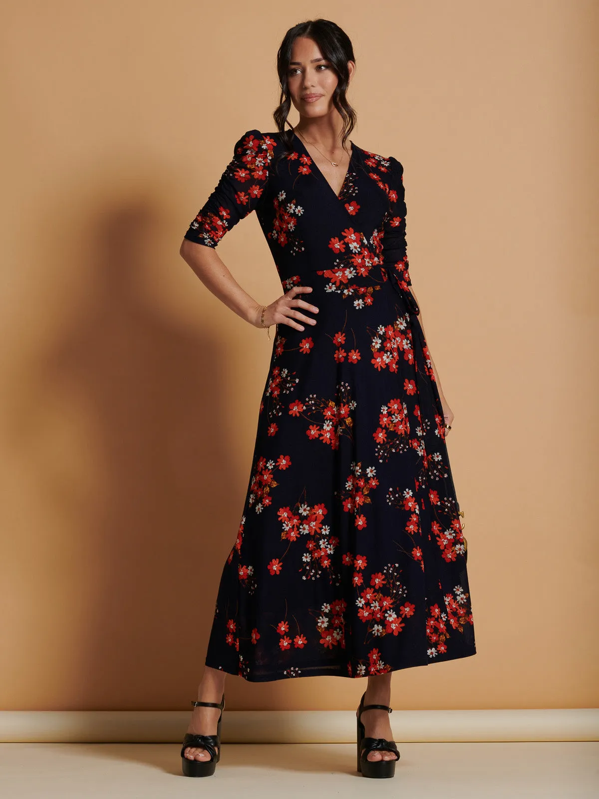 Qaliyah Wrap Front Mesh Maxi Dress, Navy Orange Floral