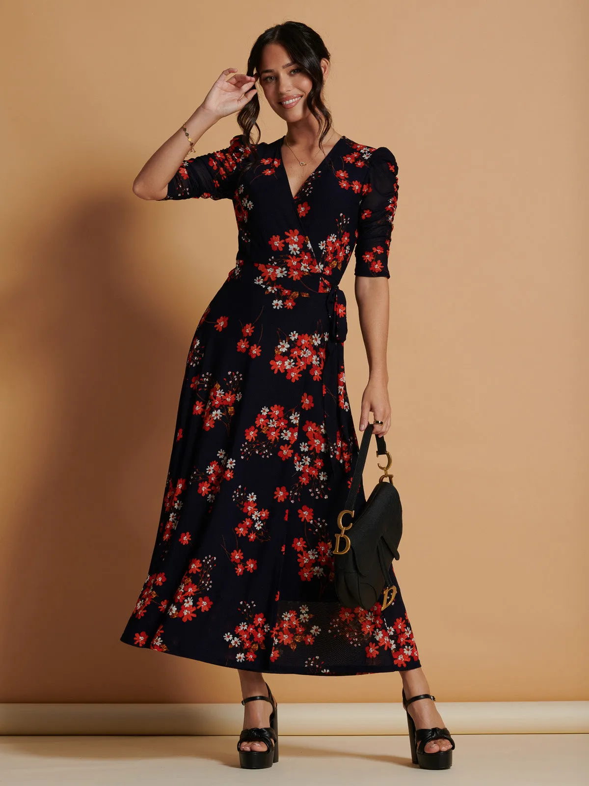 Qaliyah Wrap Front Mesh Maxi Dress, Navy Orange Floral