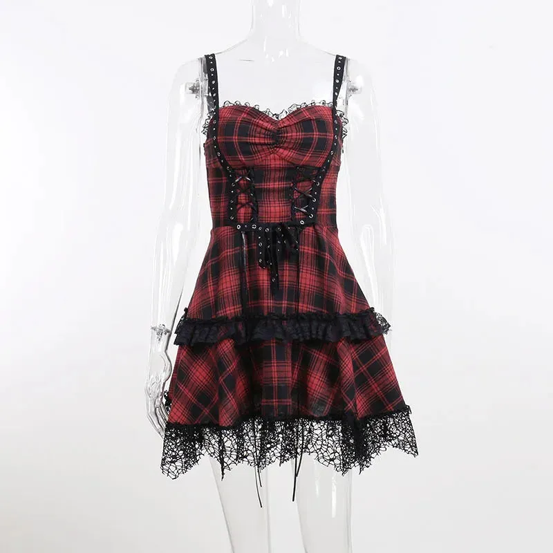 Red Plaid Street Goth Fairy Grunge Y2K Pleated Lace-up Tube Lolita Partywear Eyelet Strap Corset Gothic Dress