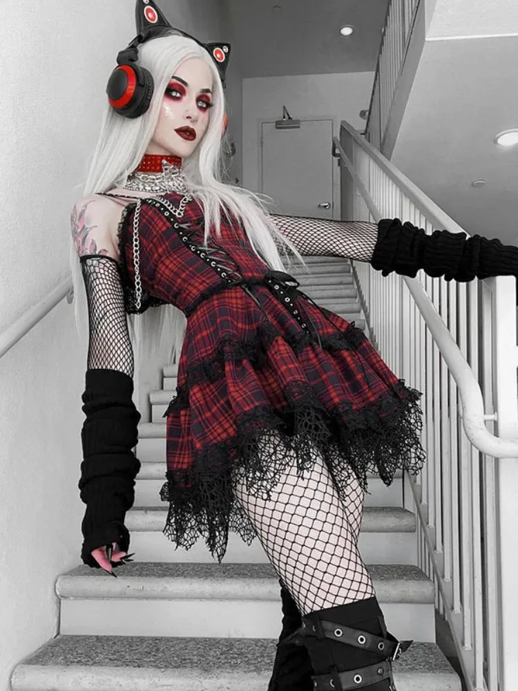 Red Plaid Street Goth Fairy Grunge Y2K Pleated Lace-up Tube Lolita Partywear Eyelet Strap Corset Gothic Dress