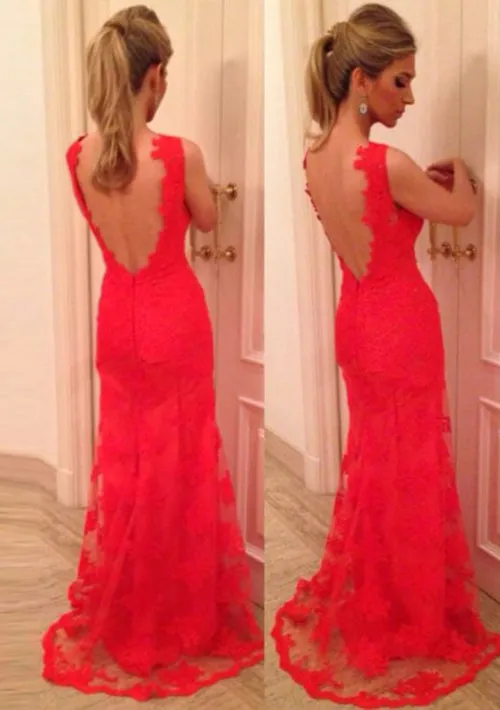 Red Prom Dresses, Sheath/Column V Neck Sleeveless Sweep Train Lace Prom Dress With Appliqued