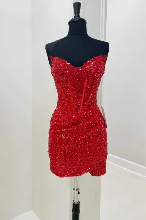 Red Sequin Strapless Mini Homecoming Dress