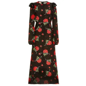 Rodarte Black / Red Ruffled Rose Printed Silk Midi Dress