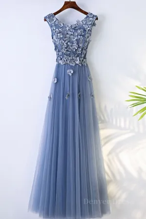 Round Neck Blue Lace Floral Long Prom Dresses Blue Lace Long Formal Evening Dresses