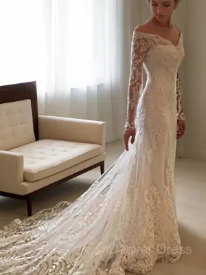 Sheath Off-the-Shoulder Court Train Lace Wedding Dresses With Appliques Lace