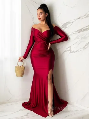 Sheath Off-the-Shoulder Sweep Train Jersey Evening Dresses With Leg Slit