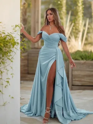 Sheath Off-the-Shoulder Sweep Train Jersey Prom Dresses With Leg Slit