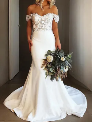 Sheath Off-the-Shoulder Sweep Train Stretch Crepe Wedding Dresses With Appliques Lace