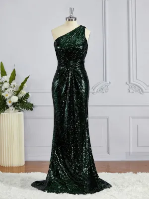 Sheath One-Shoulder Sweep Train Sequins Bridesmaid Dresses