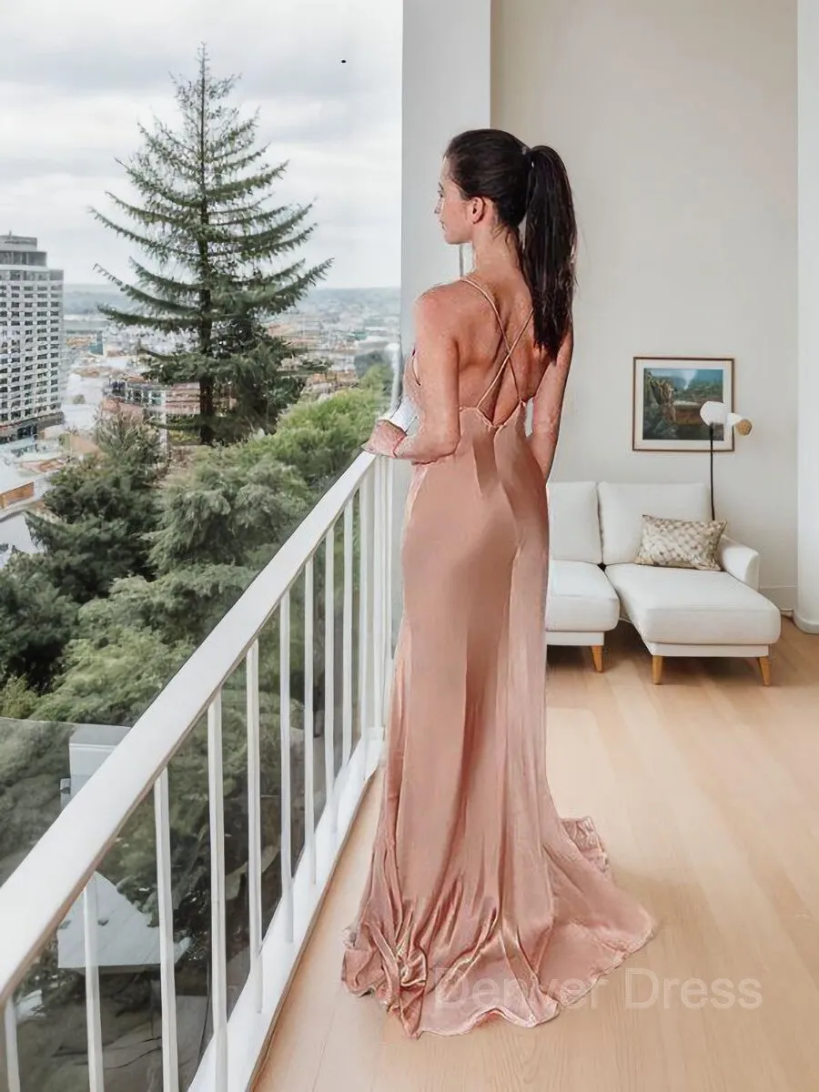 Sheath Spaghetti Straps Floor-Length Silk like Satin Evening Dresses With Leg Slit