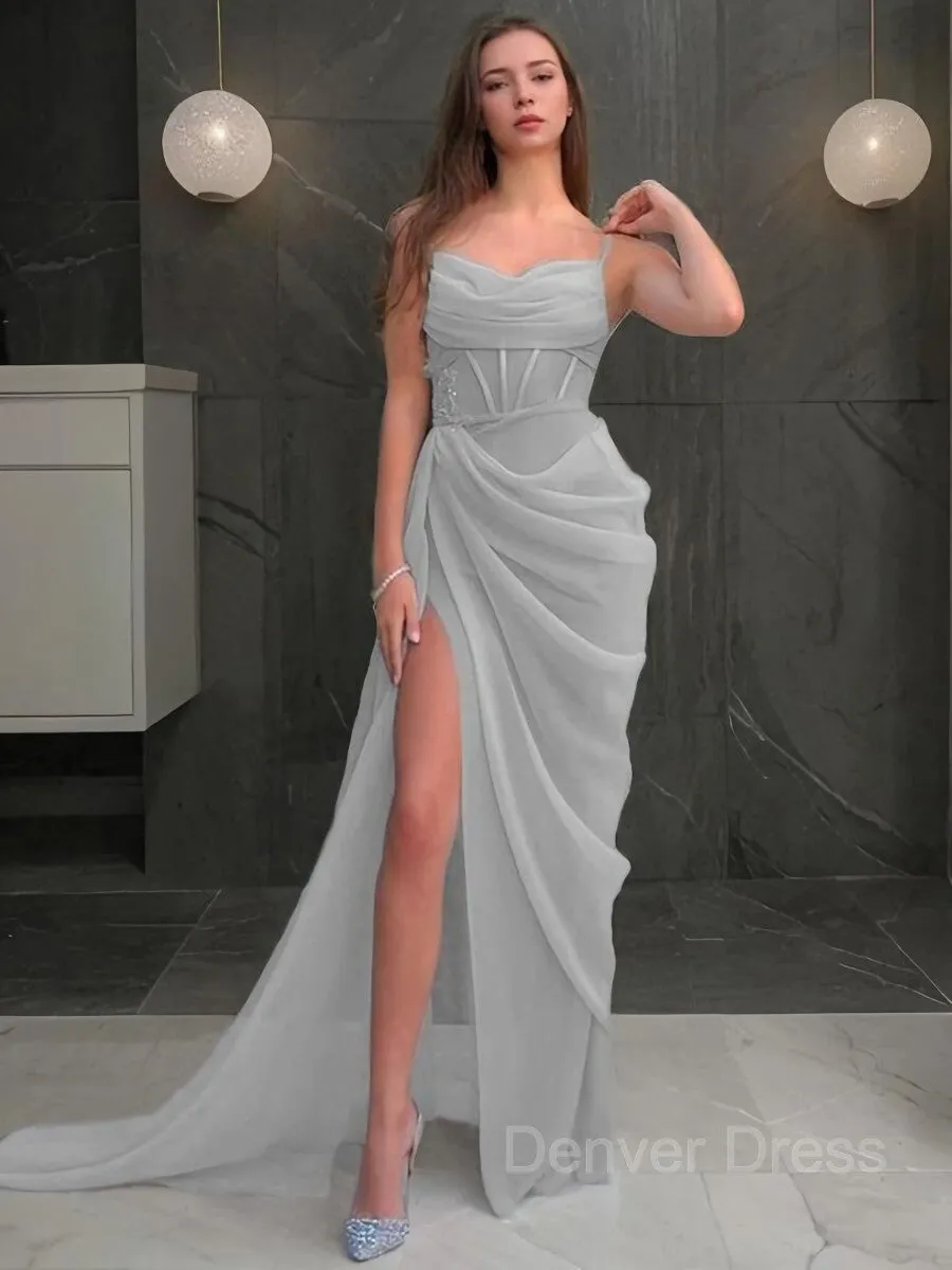 Sheath Spaghetti Straps Sweep Train Organza Prom Dresses With Leg Slit