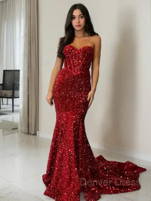 Sheath Sweetheart Court Train Velvet Sequins Prom Dresses With Ruffles