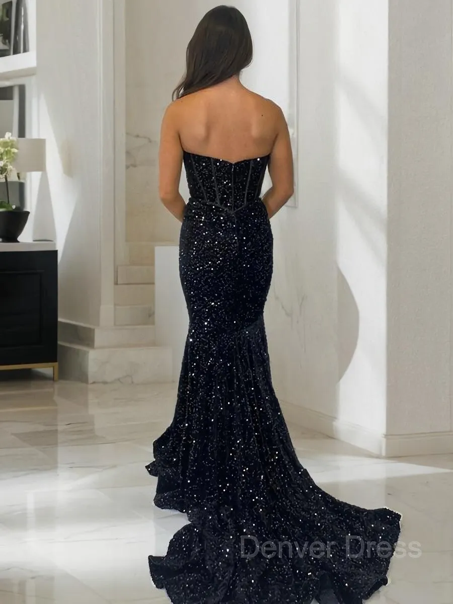 Sheath Sweetheart Court Train Velvet Sequins Prom Dresses With Ruffles