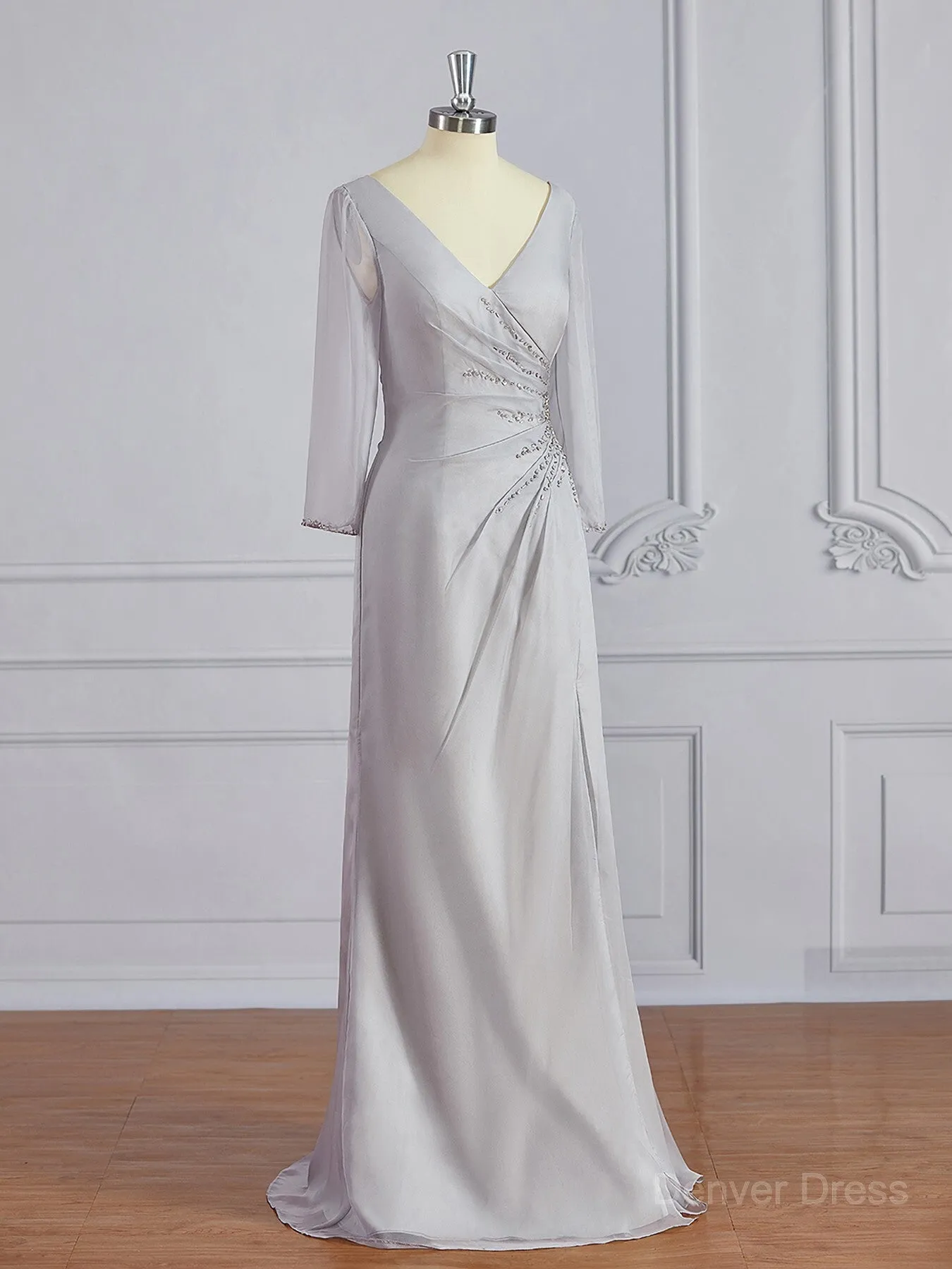 Sheath V-neck Floor-Length 30D Chiffon Mother of the Bride Dresses With Beading