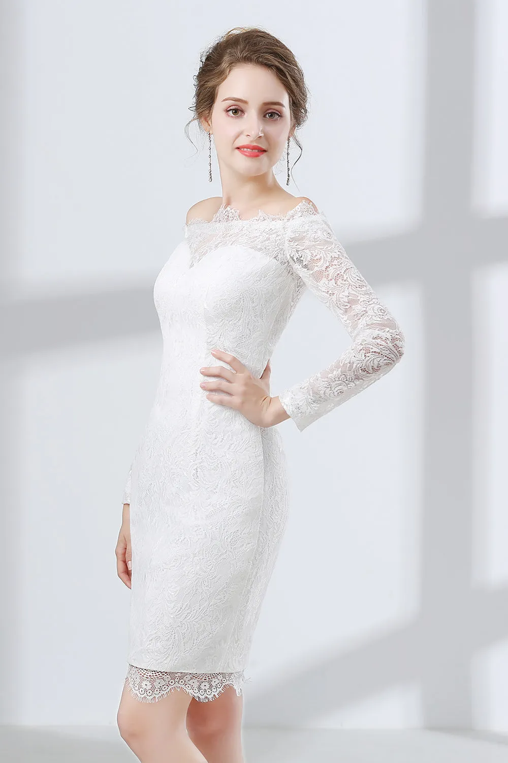 Sheath White Lace Off The Shoulder Long Sleeve Prom Dresses