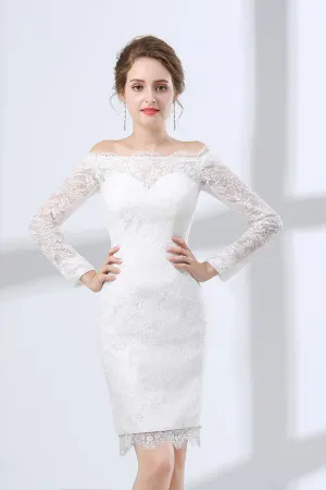 Sheath White Lace Off The Shoulder Long Sleeve Prom Dresses