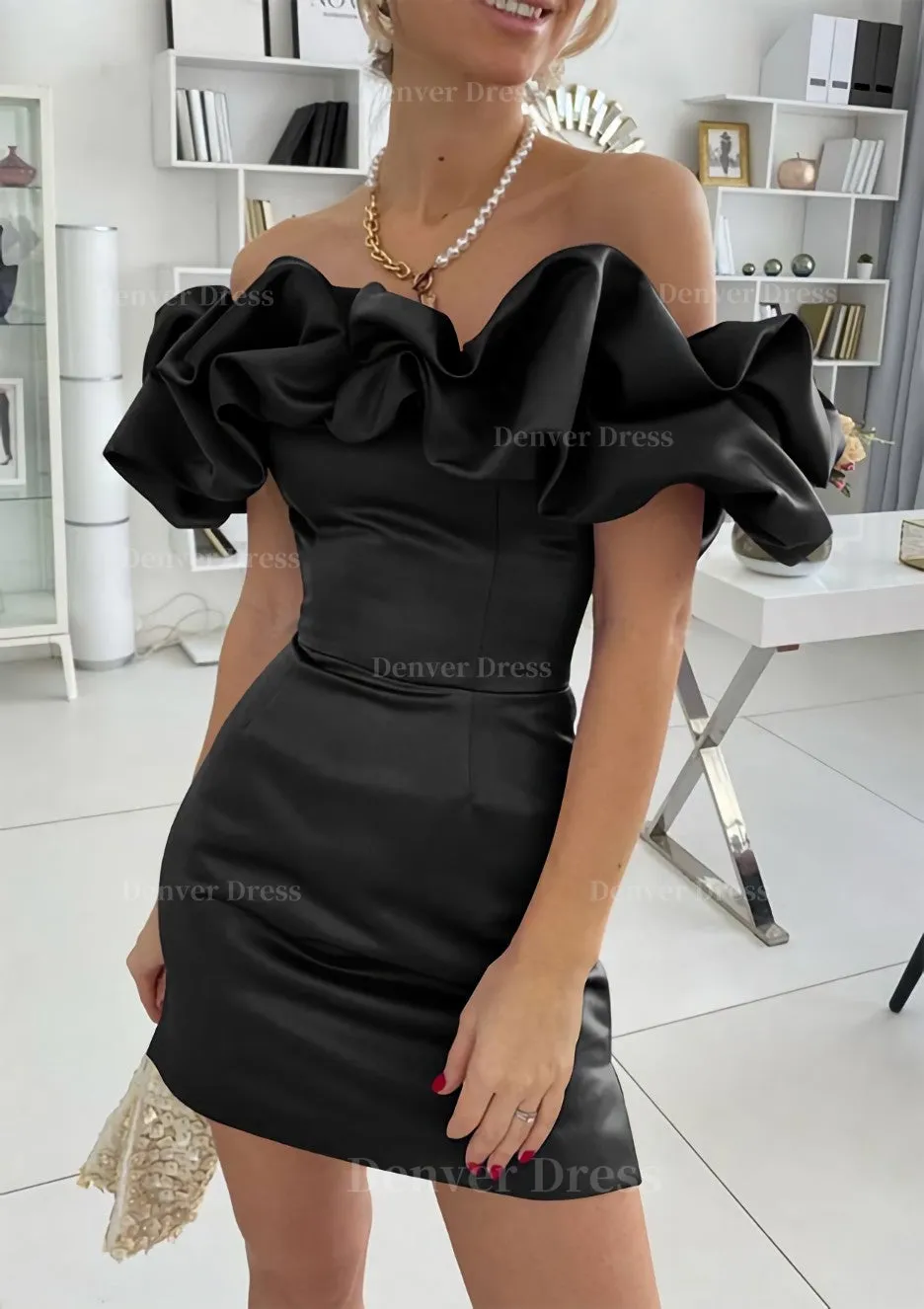 Sheath/Column Off-the-Shoulder Sleeveless Satin Short/Mini Homecoming Dress With Ruffles