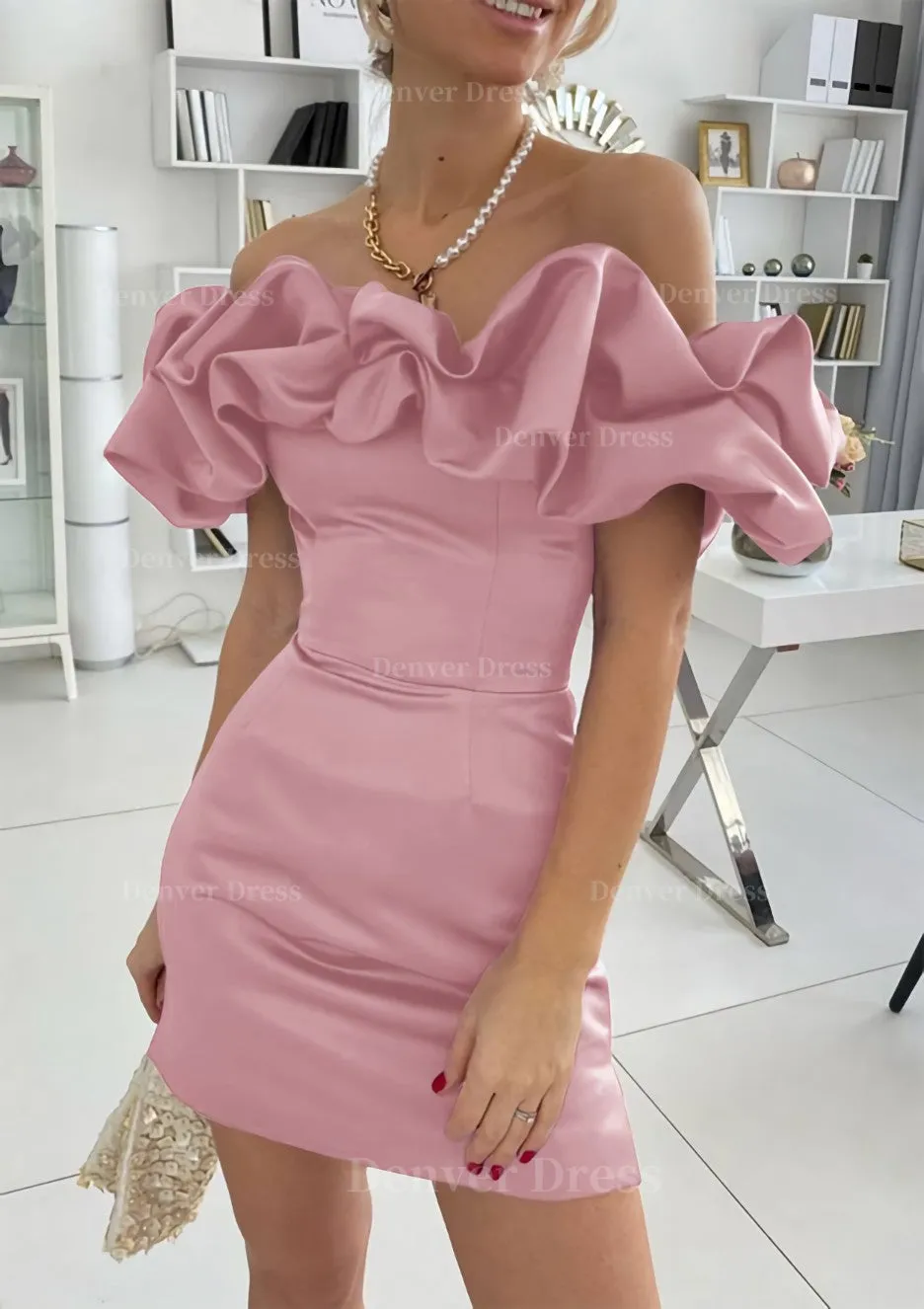 Sheath/Column Off-the-Shoulder Sleeveless Satin Short/Mini Homecoming Dress With Ruffles