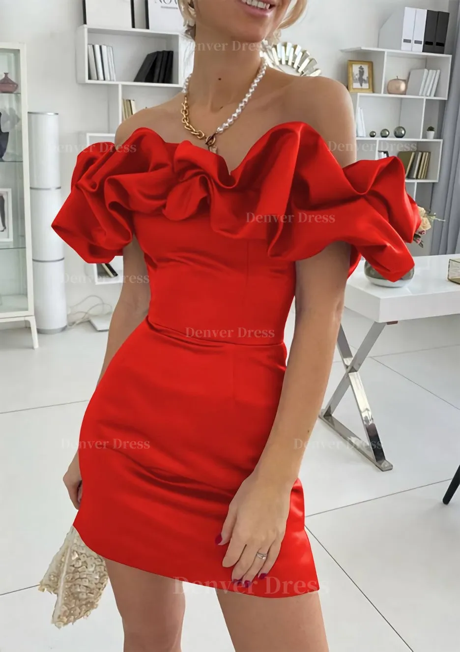 Sheath/Column Off-the-Shoulder Sleeveless Satin Short/Mini Homecoming Dress With Ruffles